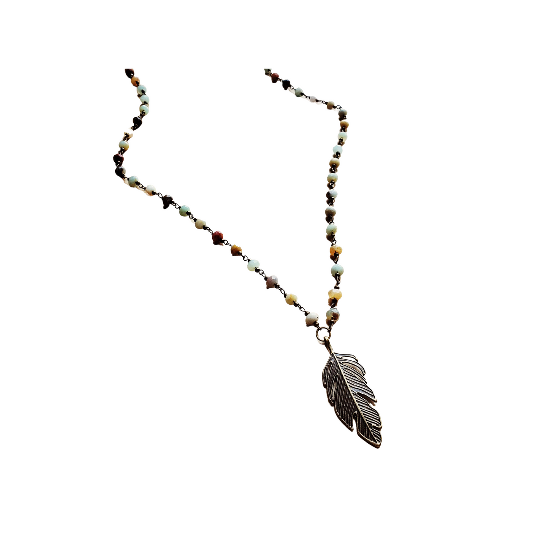 Amazonite Long Beaded Necklace with Antique Gold Feather 251