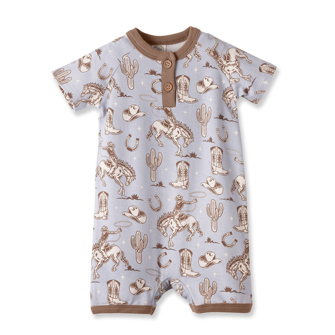 Baby romper with cowboy pattern on a white background