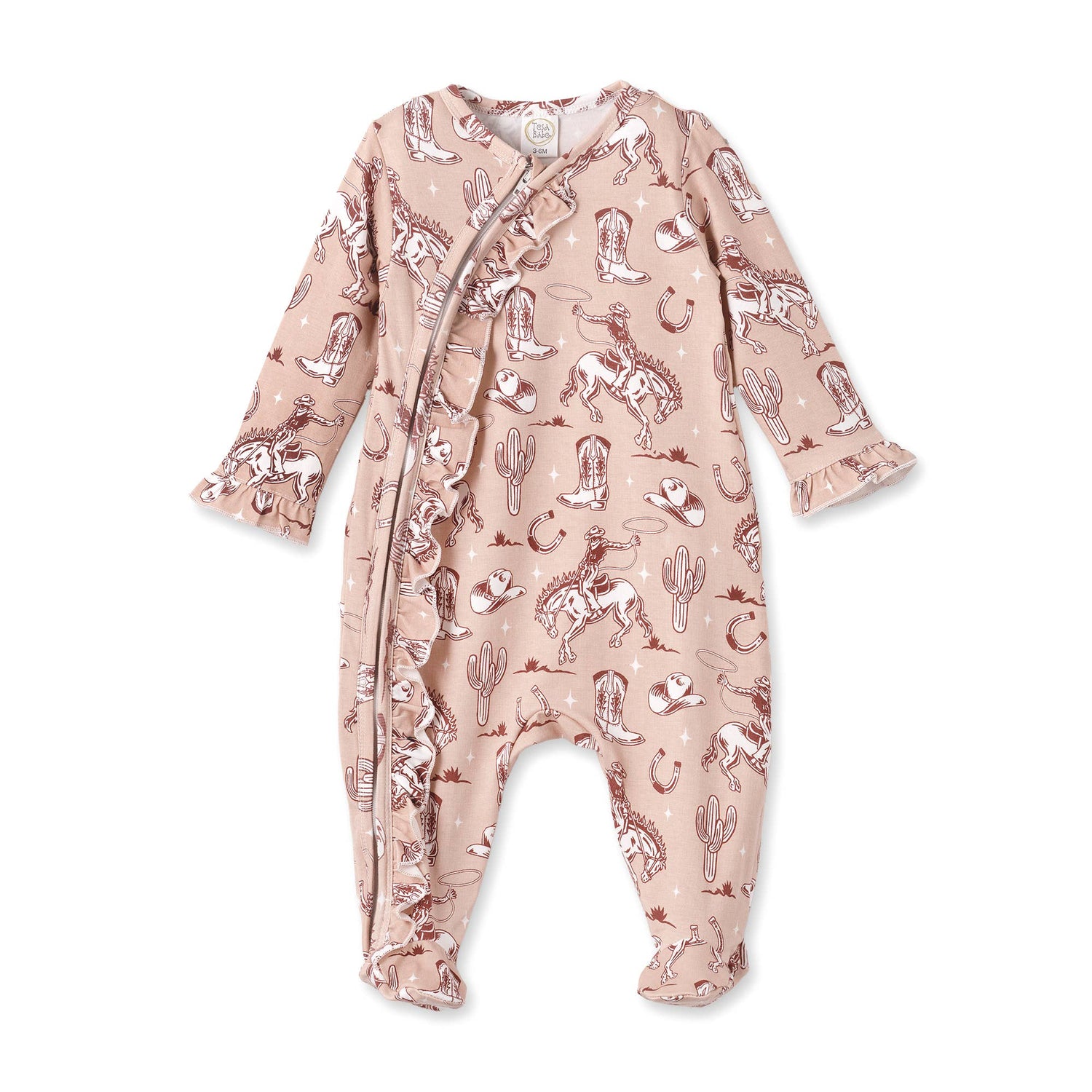 Baby onesie with cowboy pattern on a white background