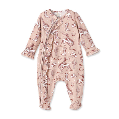 Baby onesie with cowboy pattern on a white background