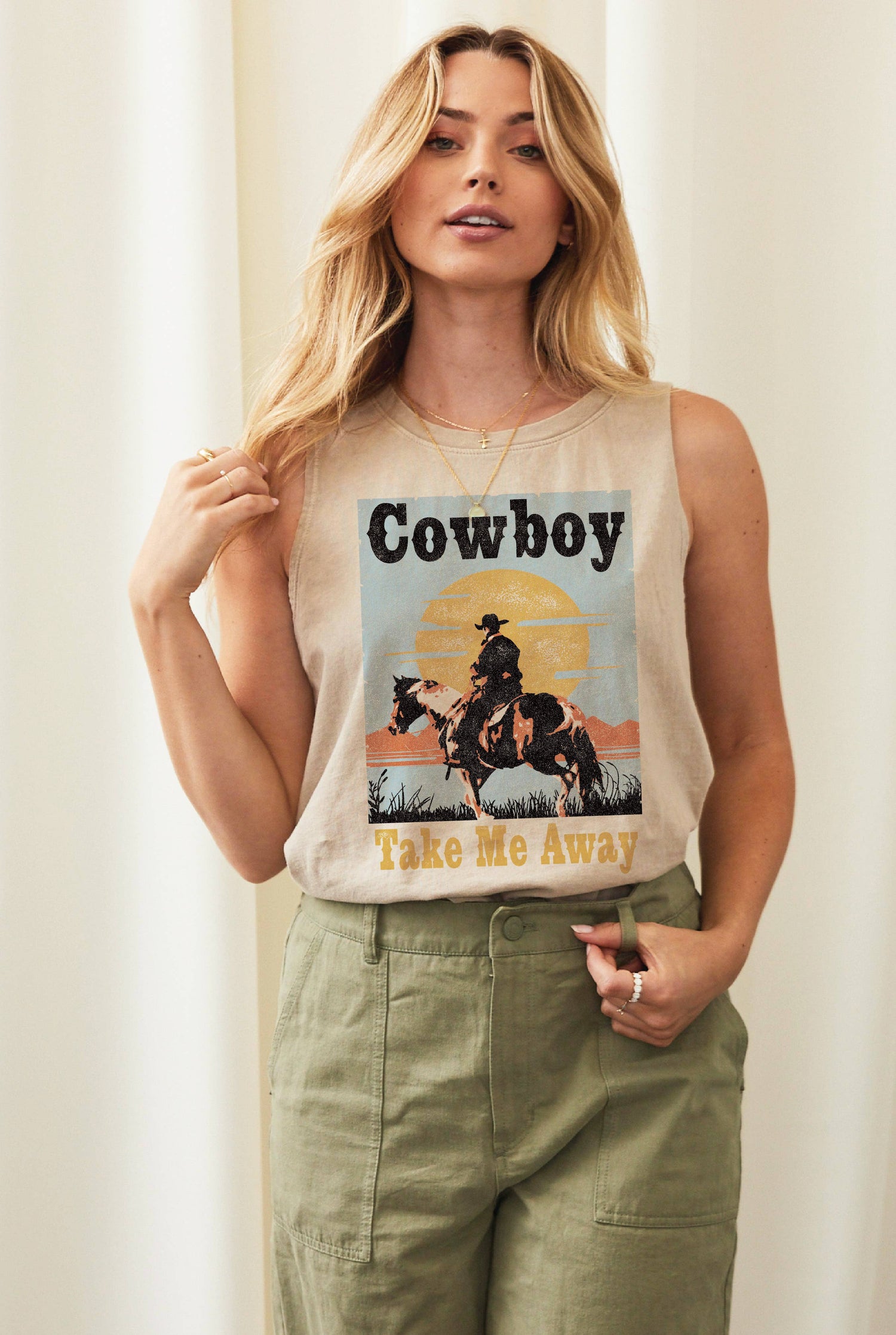 Cowboy Take Me Away Mineral Graphic Tank Top, Tan