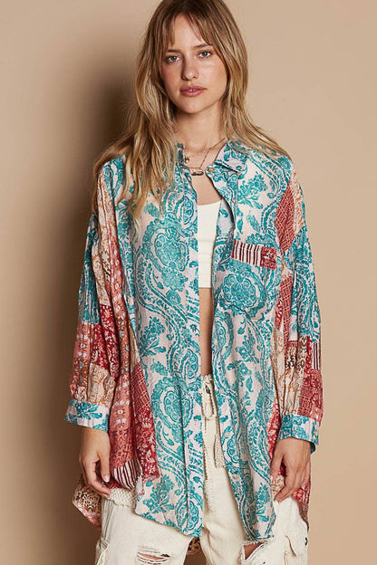 Oversized Long Sleeve Print Woven Button Down Shirt, Teal