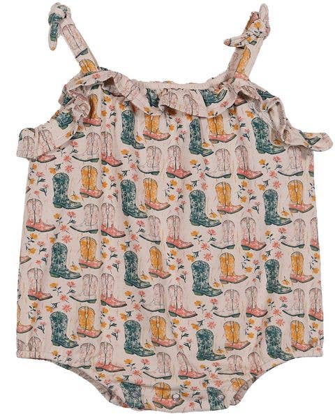 Baby western cotton bubble romper with colorful cowboy boot print, ruffle neckline and tie straps with snap closure