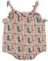 Baby western cotton bubble romper with colorful cowboy boot print, ruffle neckline and tie straps with snap closure