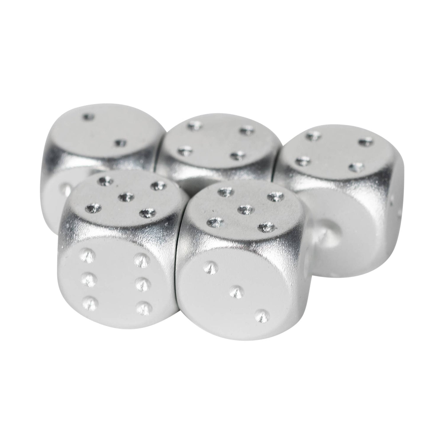 Set of silver metal dice on a white background