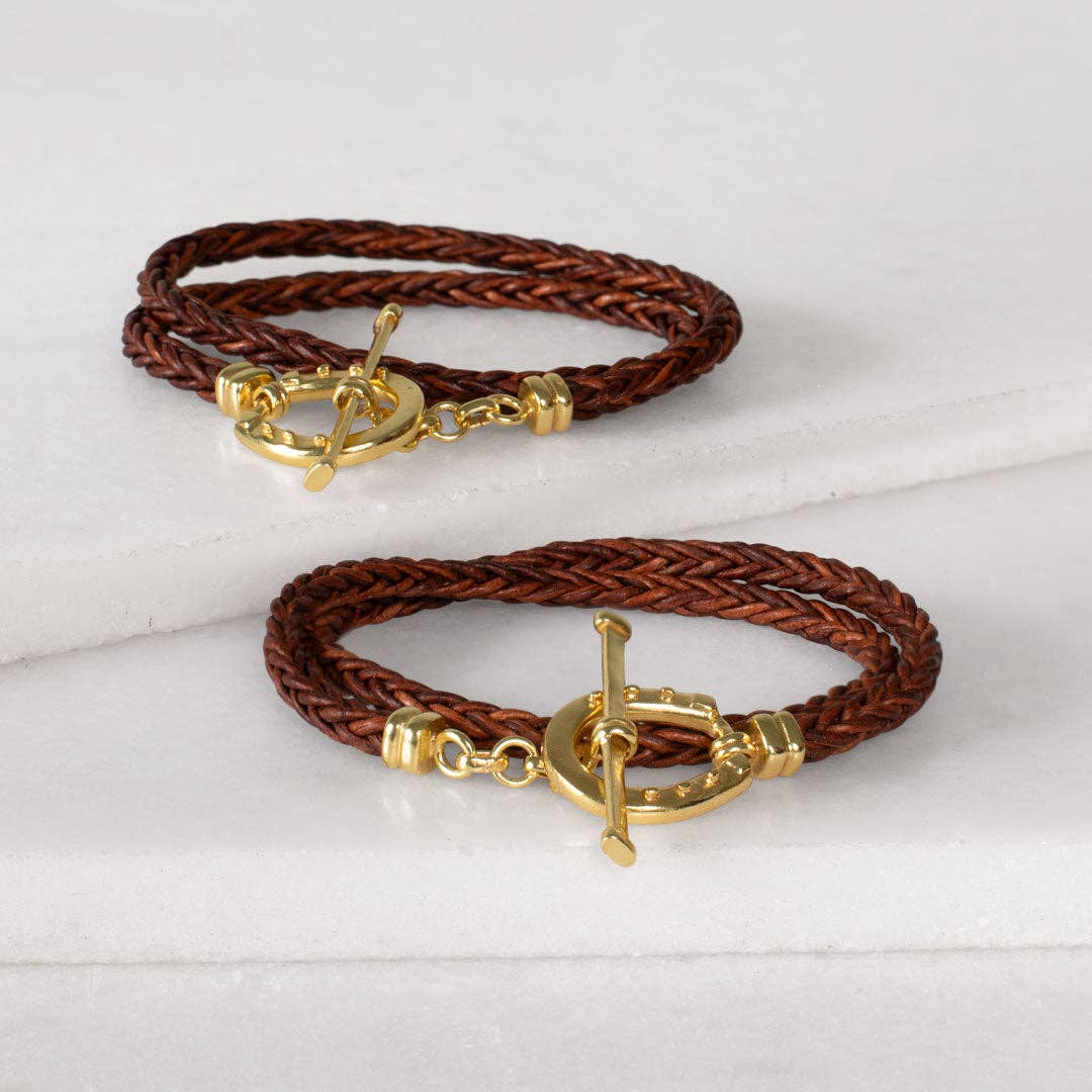 Roundup Braided Leather Horseshoe Bracelet, Brown