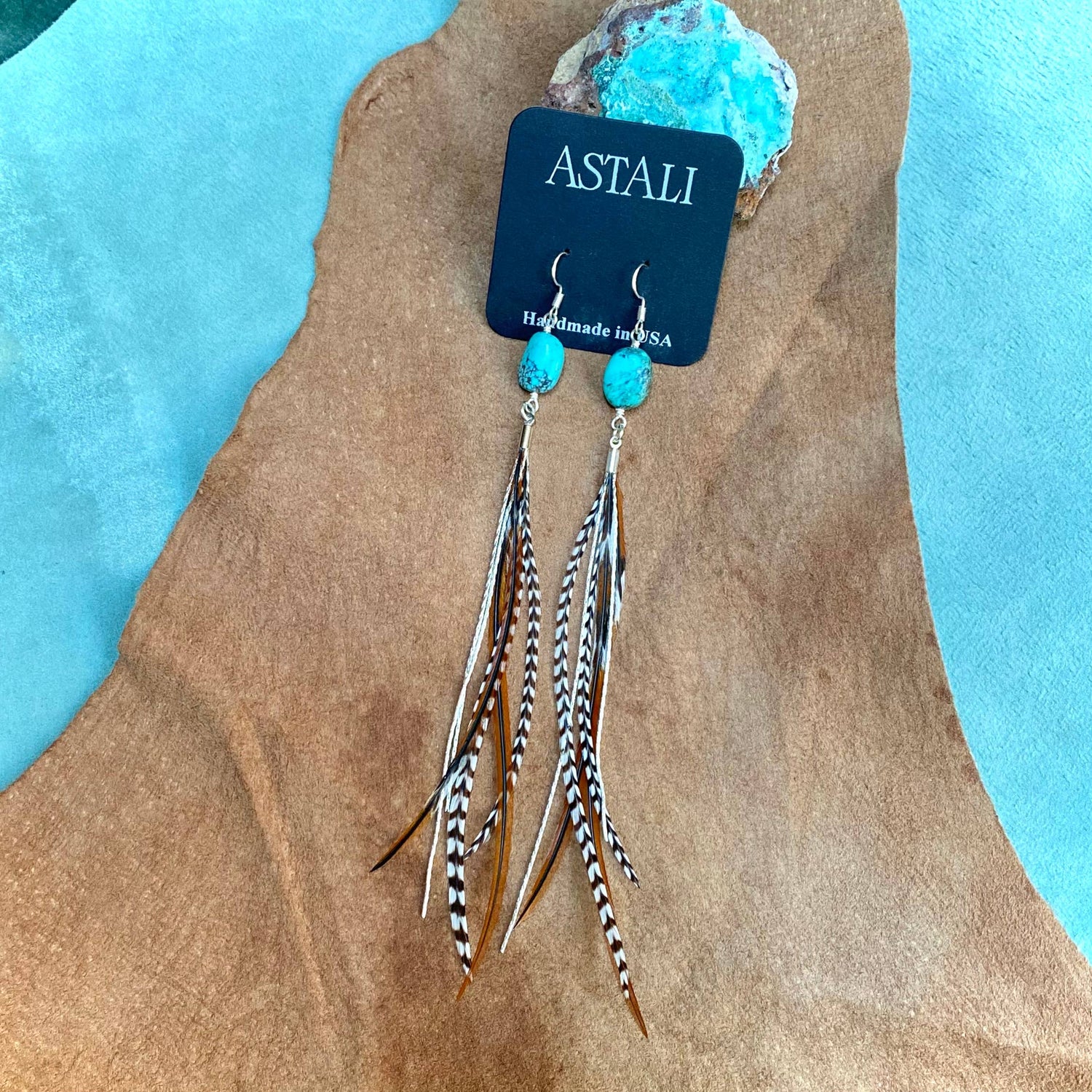 Turquoise &amp; Mini Feather Earrings - Grizzly &amp; Fawn/Silver: Grizzly &amp; Fawn / Silver