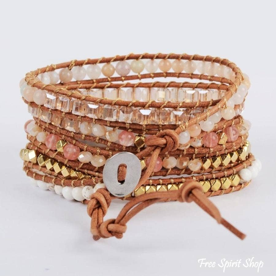 Natural White Selenite &amp; Sunstone Wrap Bracelet