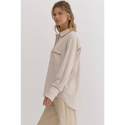 Ecru Long Sleeve Button Down Blouse