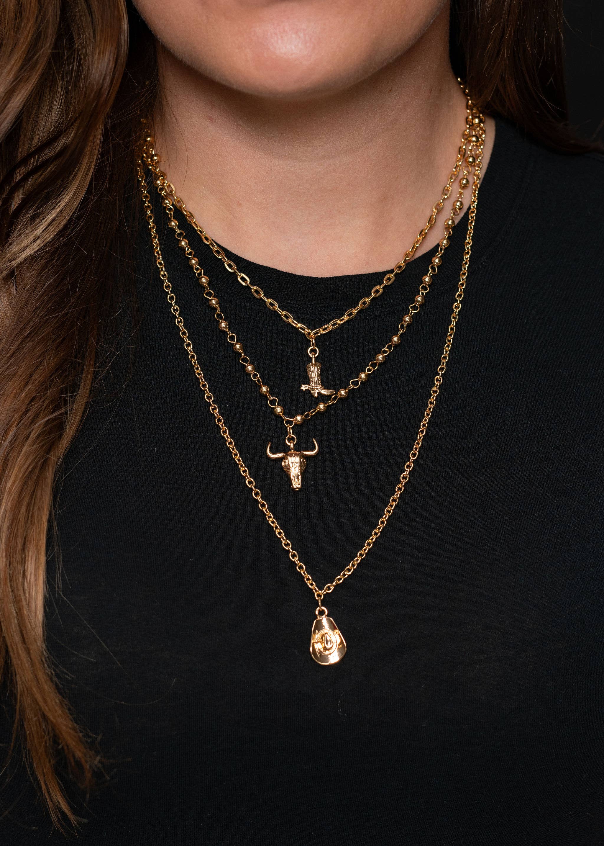 Cowboy Boot, Skull &amp; Cowboy Hat Gold Necklace