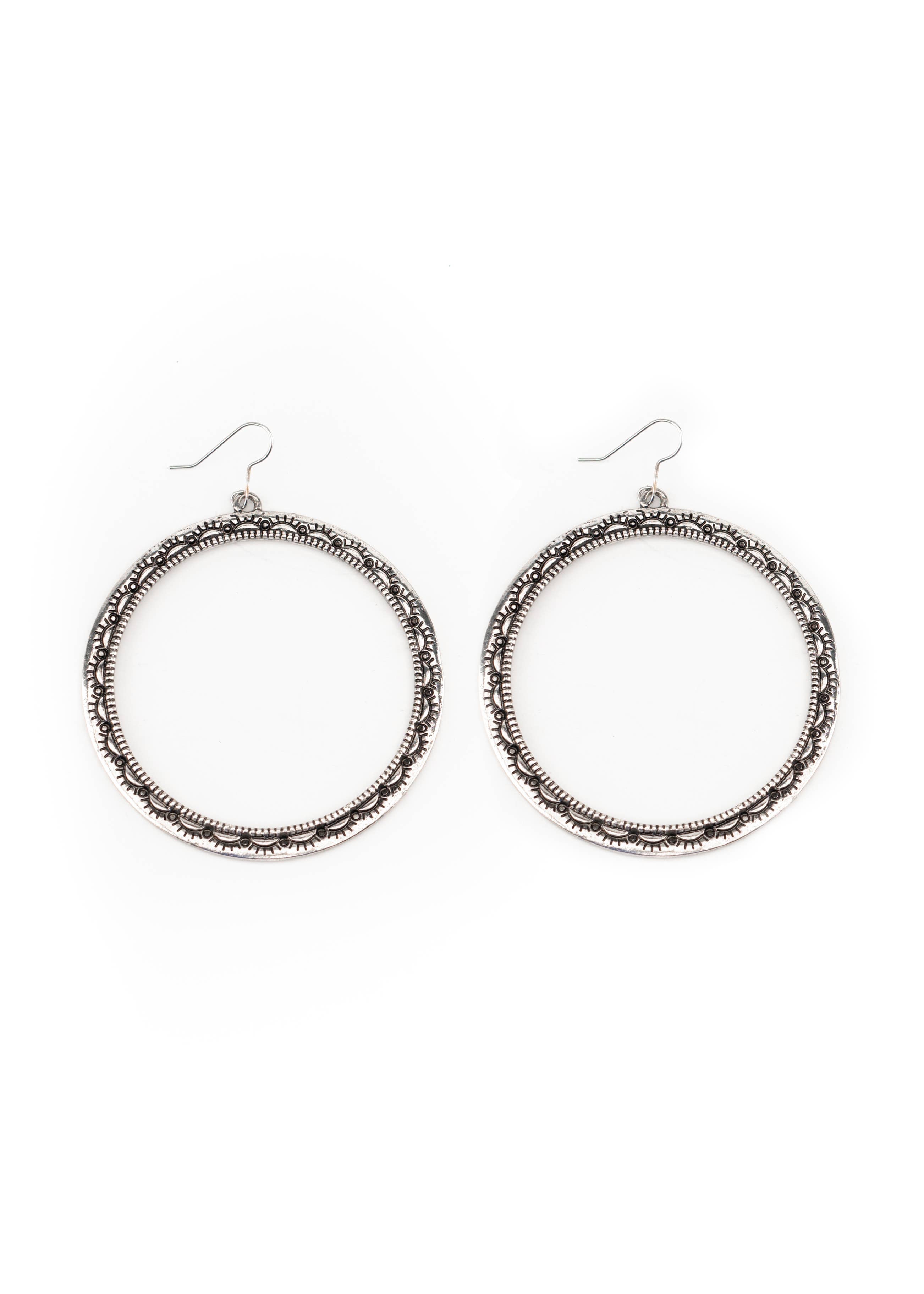 3.25" Large Burnished Silver Stamped Hoop Earring on Fishook