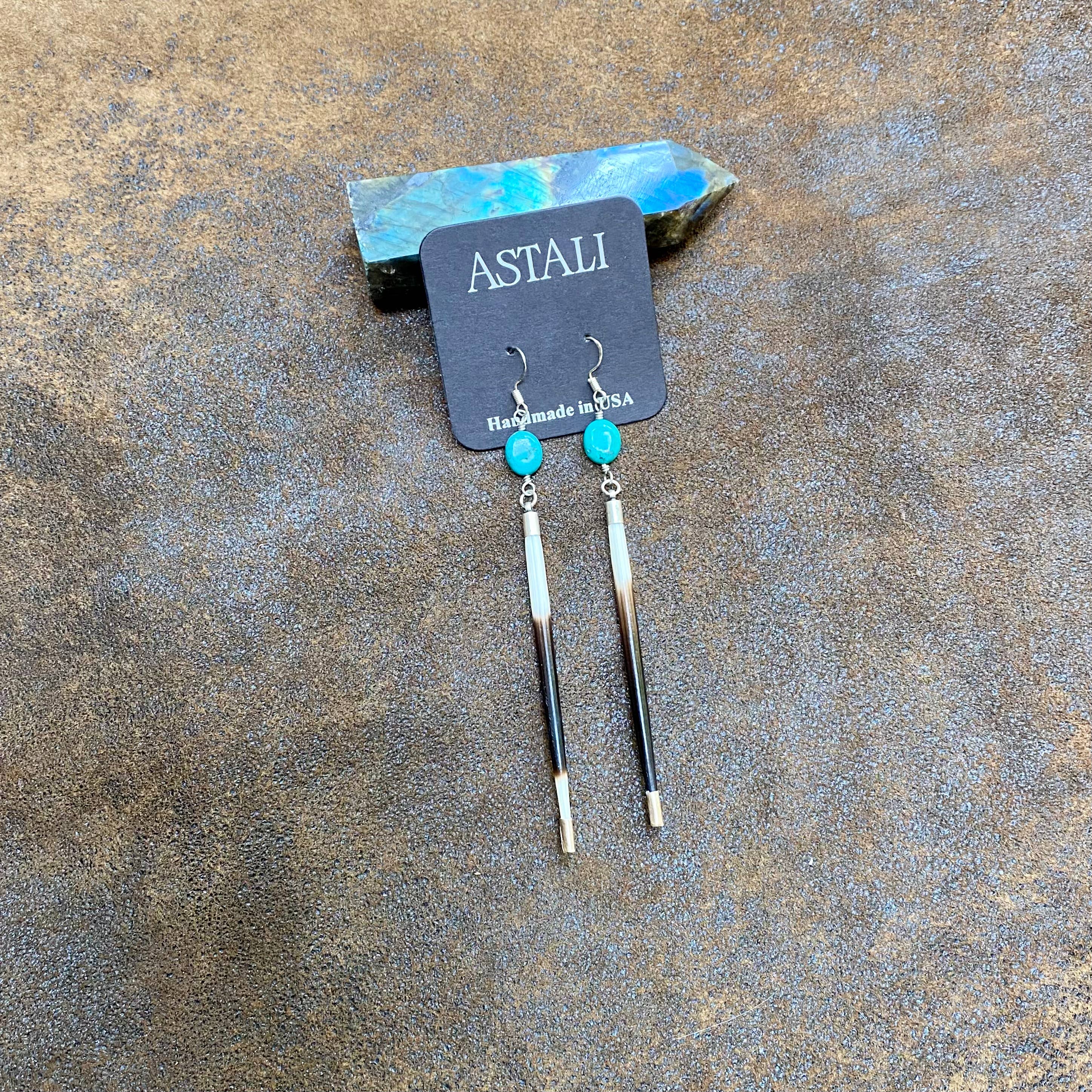 Porcupine Quill &amp; Turquoise Earrings, with Silver Earwires: Turquoise &amp; Silver