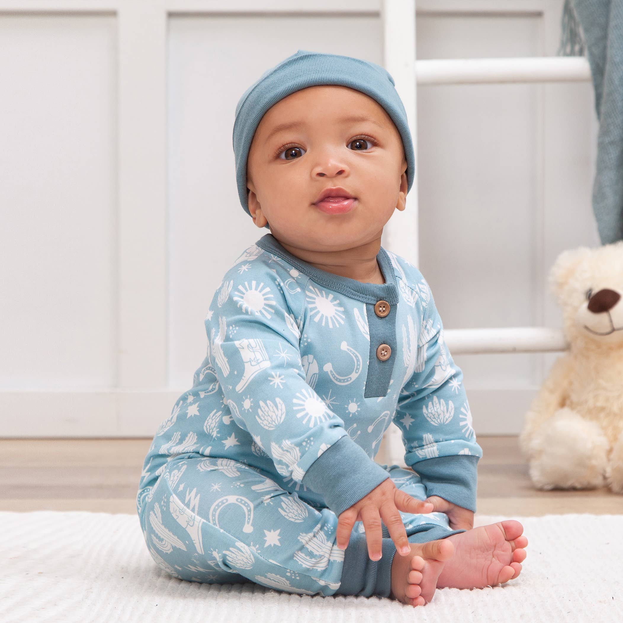 Wild West Bamboo Henley Romper, Blue