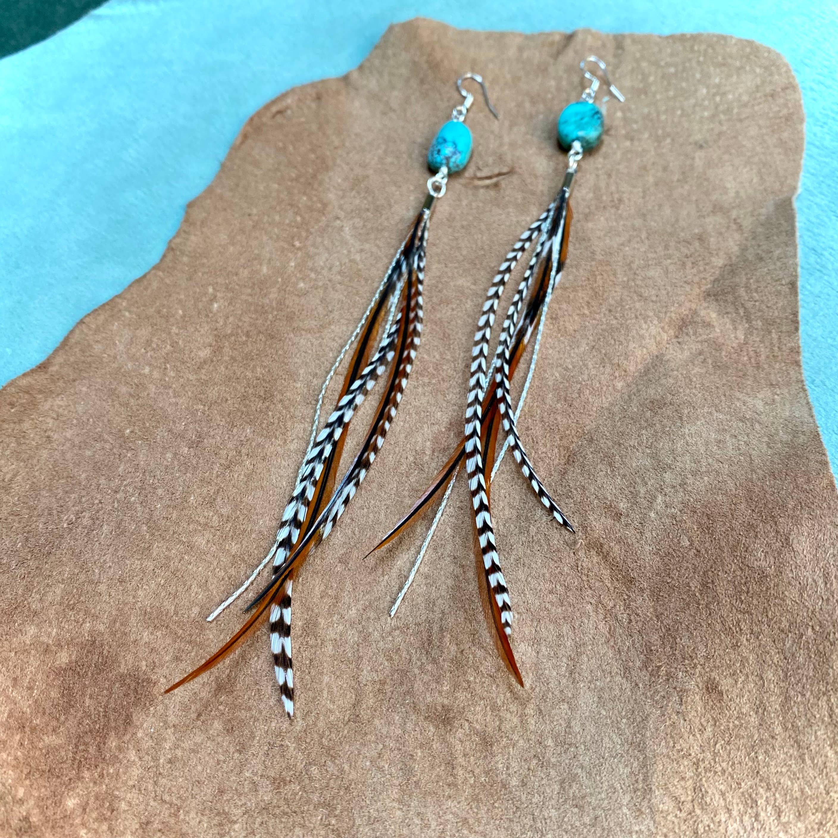 Turquoise &amp; Mini Feather Earrings - Grizzly &amp; Fawn/Silver: Grizzly &amp; Fawn / Silver