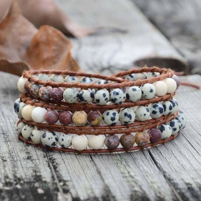 Dalmatian Jasper &amp; Red Jasper Leather Bead Wrap Bracelet