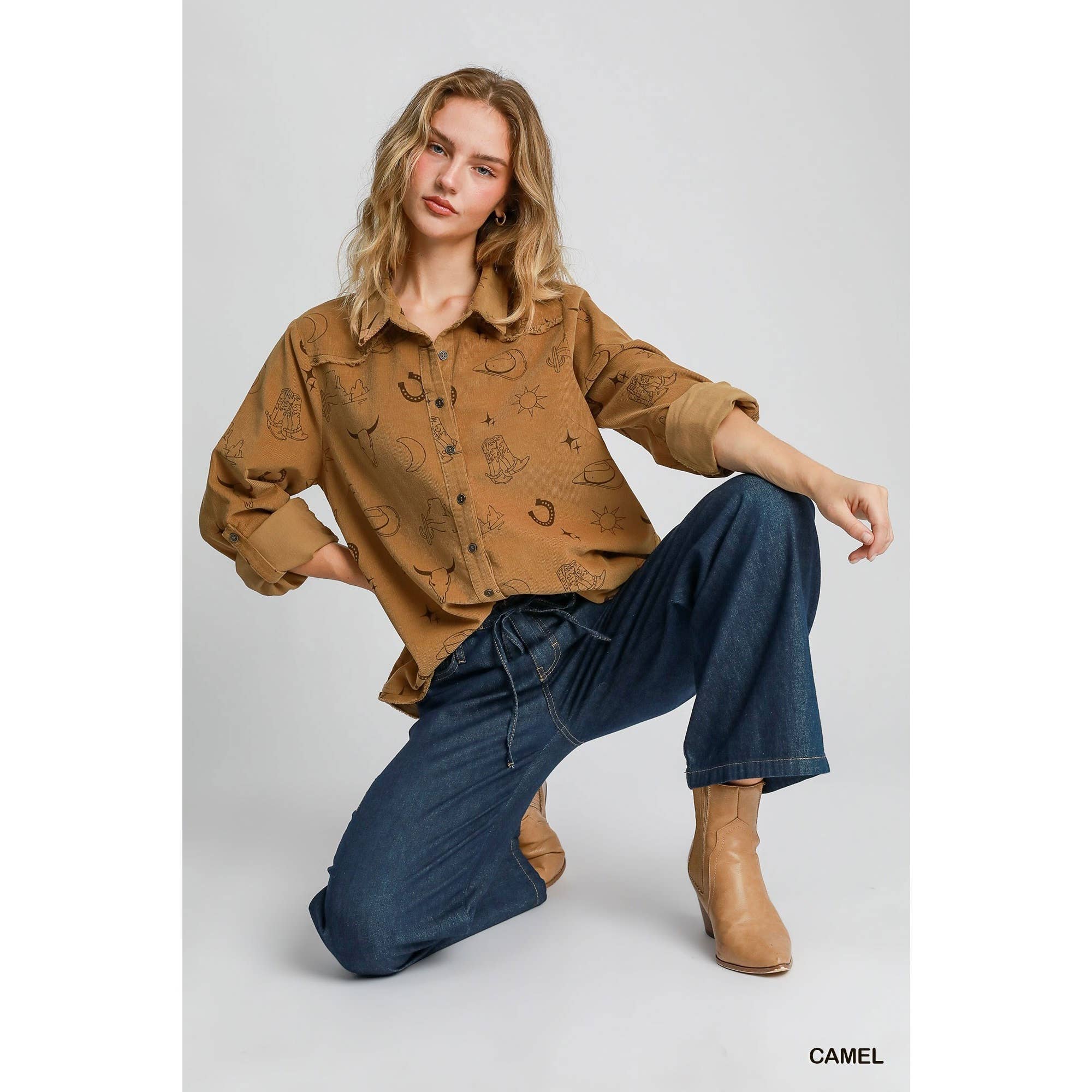 Walk The Line Corduroy Button Down Top, Camel