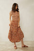 Western paisley midi dress with pleated bodice, ruffle trim, and warm desert-toned print