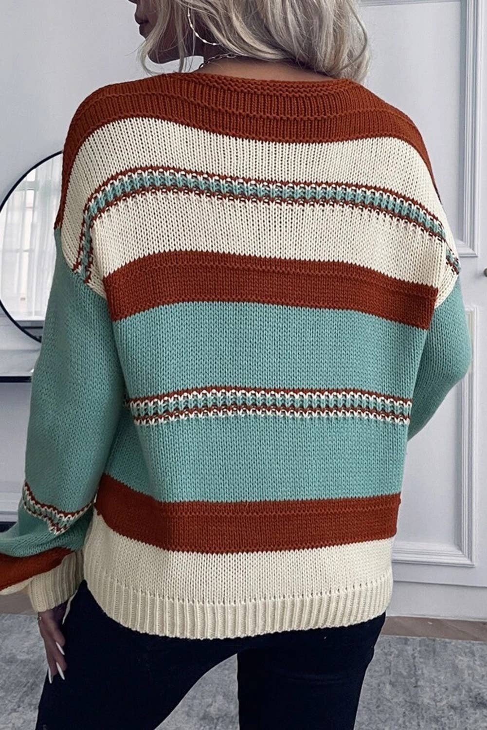 Striped Knit V Neck Sweater