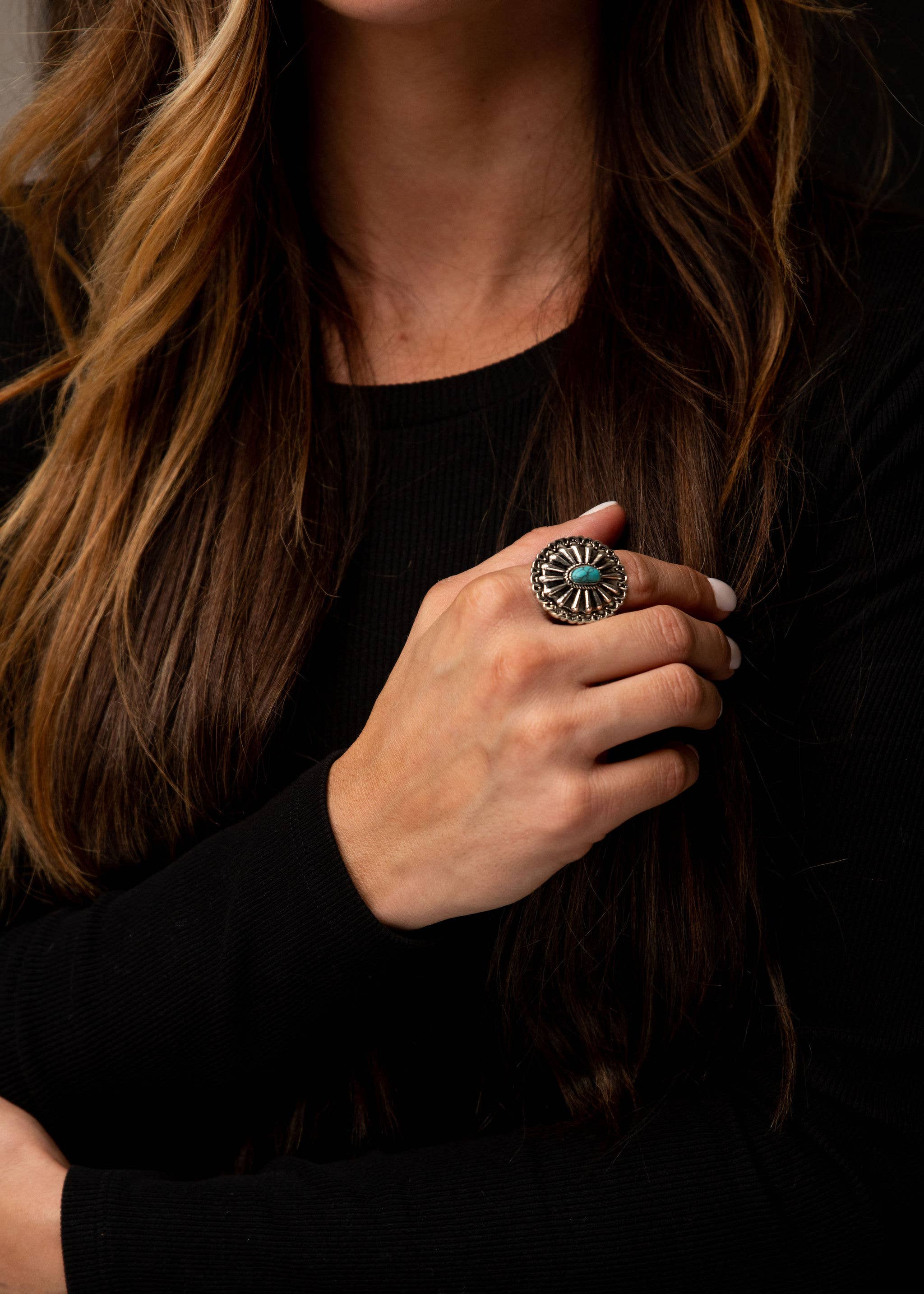 Adjustable Silver Oval Concho Ring with Turquoise Accent