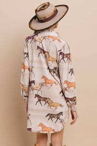 Training Horses Print Button Down Shirt Dress