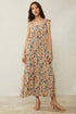 Western floral maxi dress with paisley print, gathered waist, ruffle straps, and flowing silhouette