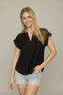 Black textured blouse with split neckline, short sleeves, and lace detail accents