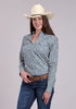 Women’s blue paisley Western shirt with snap front, long sleeves, curved yokes, and relaxed fit by Roper, styled with denim and belt