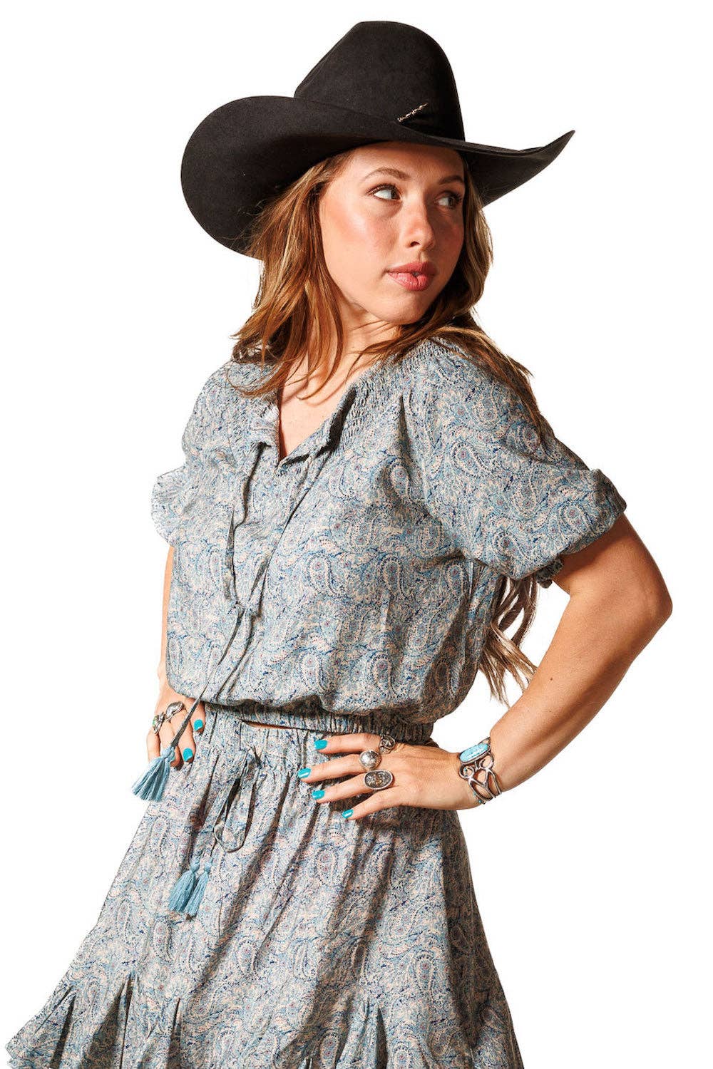 Women’s western paisley print short sleeve top with smocked neckline and tassel tie detail