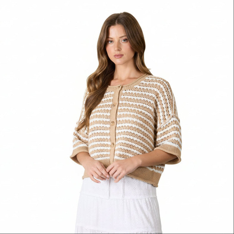 Striped crochet knit cardigan with short sleeves and button-down front