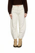 Cream high-waist barrel jeans with wide cropped leg, panel detail, and structured fit