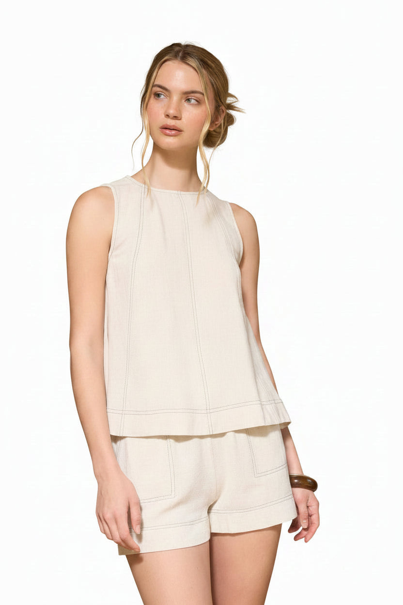 Neutral sleeveless linen blend tank top with round neckline and stitch panel detail