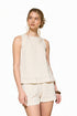 Neutral sleeveless linen blend tank top with round neckline and stitch panel detail