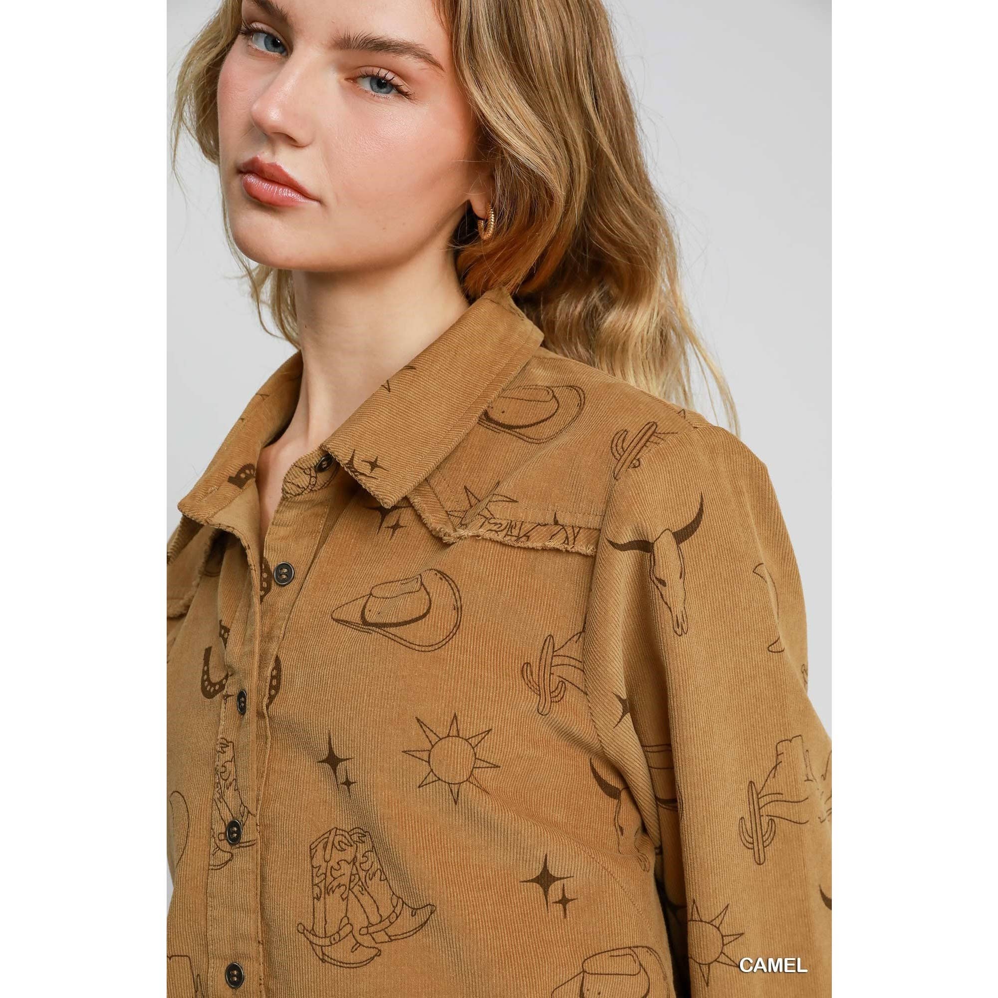 Walk The Line Corduroy Button Down Top, Camel