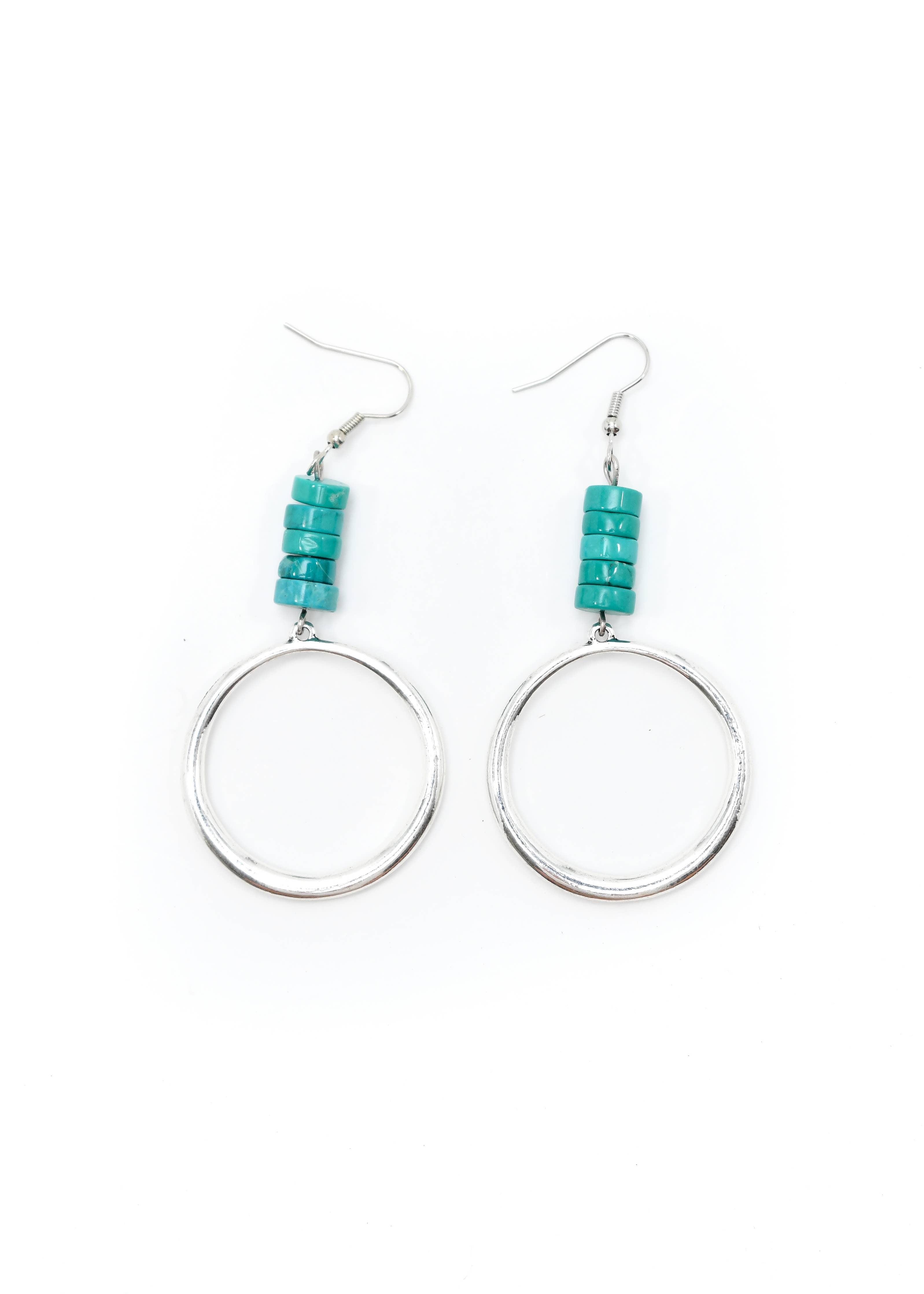 Silver Hoop Earring With Turquoise Beaded Accent