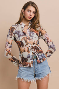 Western Horses Print Button Down Shirt