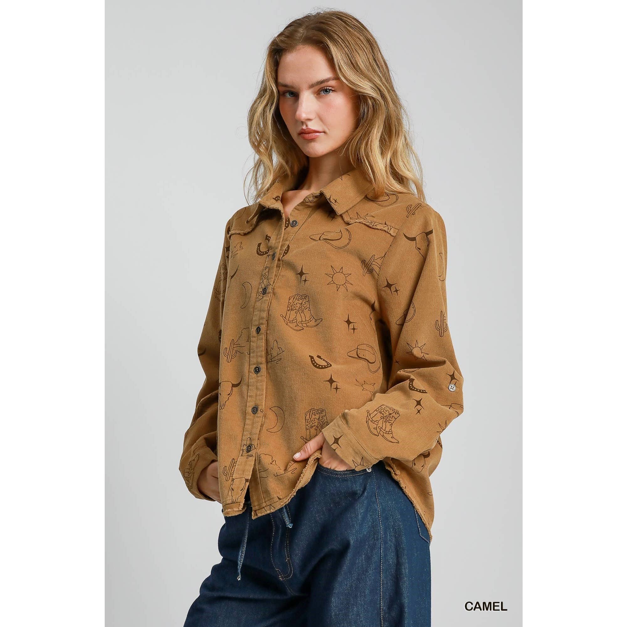 Walk The Line Corduroy Button Down Top, Camel