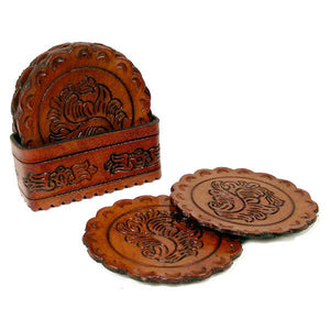 Tooled Leather Round Coasters, Set of 8