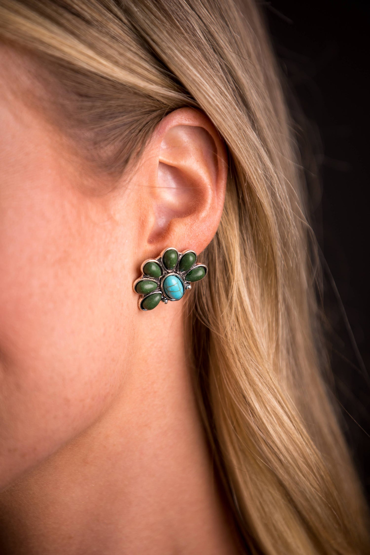 Cactus Bloom Earrings featuring 1-inch half-flower post design with vibrant green stones and a turquoise centerpiece, inspired by Southwestern desert blooms