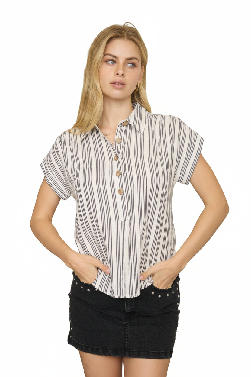 Black and ivory striped collared blouse with short sleeves, half button front, and relaxed fit