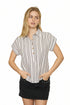 Black and ivory striped collared blouse with short sleeves, half button front, and relaxed fit