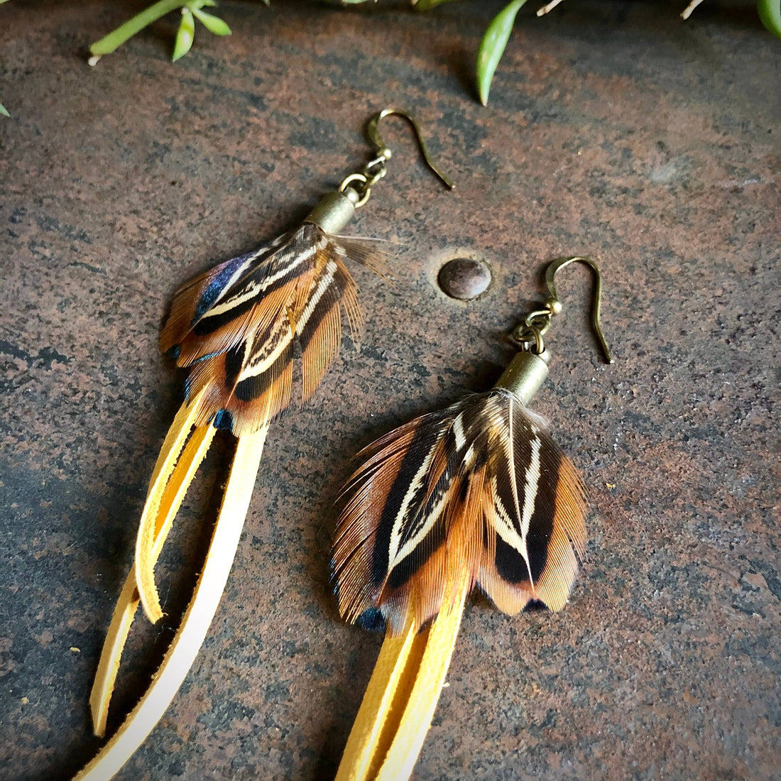 Gold Leather &amp; Pheasant Feather Earrings