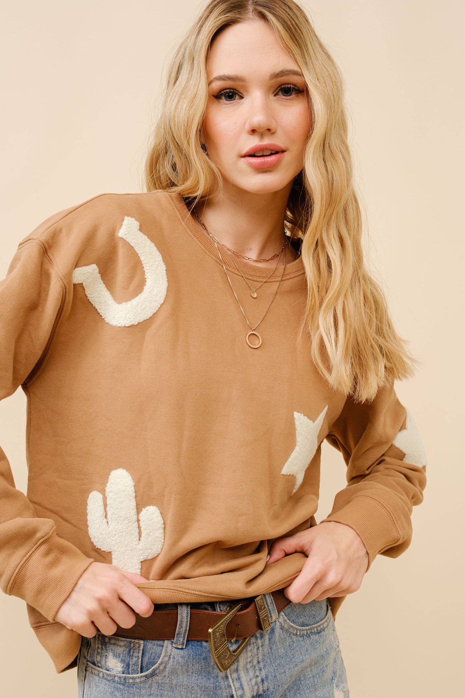 Western Textured Patchwork Sweatshirt, Tan