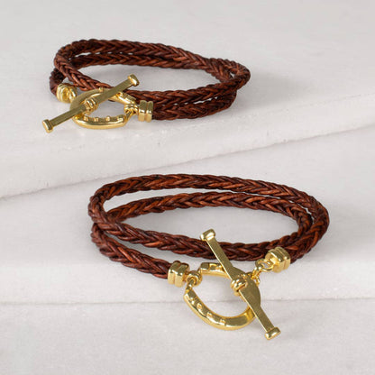 Roundup Braided Leather Horseshoe Bracelet, Brown