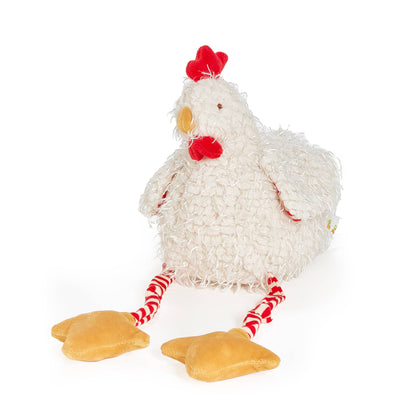 Plush chicken stuffed animal with shaggy cream fur, red comb, striped knit legs, and orange feet, soft farm animal toy for all ages