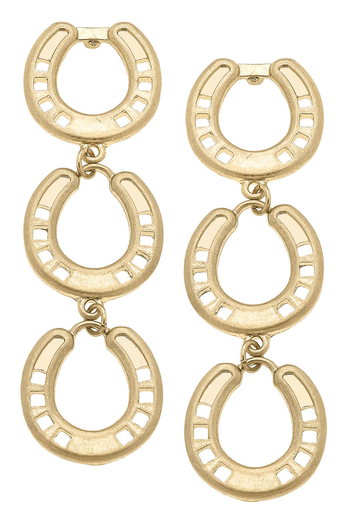A pair of gold-tone dangle earrings featuring three interlinked horseshoes, creating a bold yet elegant equestrian-inspired statement piece. Perfect for adding a touch of luck and style to any outfit.