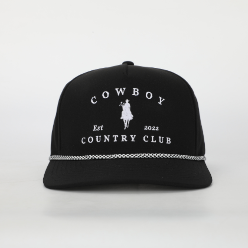 Black Cowboy Country Club trucker hat with white embroidered logo and rope detail
