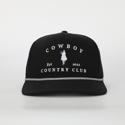 Black Cowboy Country Club trucker hat with white embroidered logo and rope detail