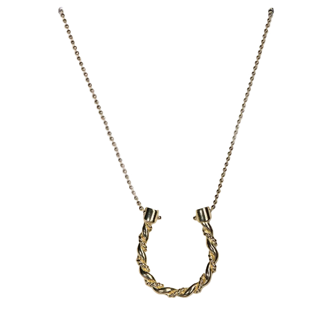 Gold necklace with a horse shoe pendant on a white background