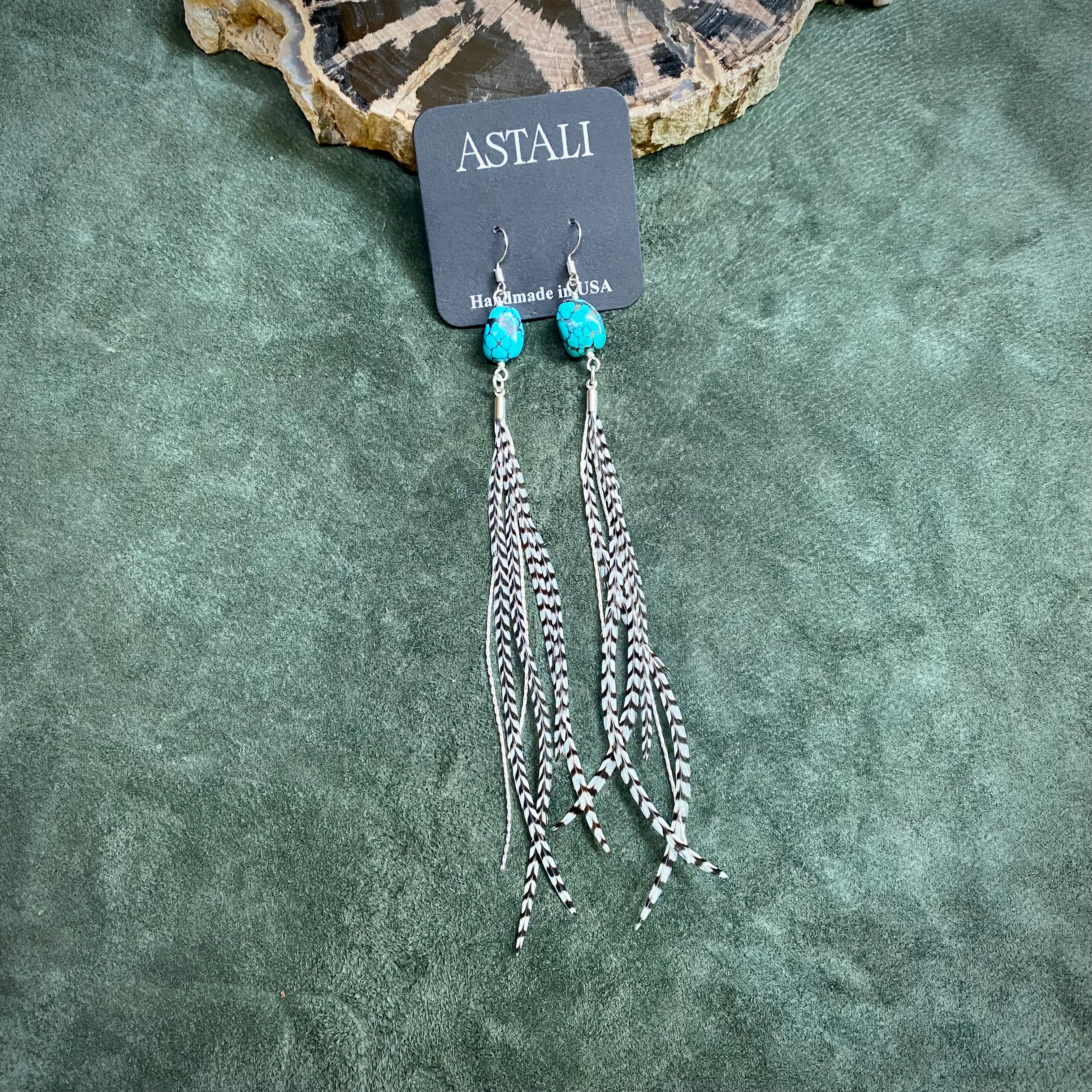 Turquoise &amp; Mini Feather Earrings - Grizzly/Silver, Western: Grizzly / Silver