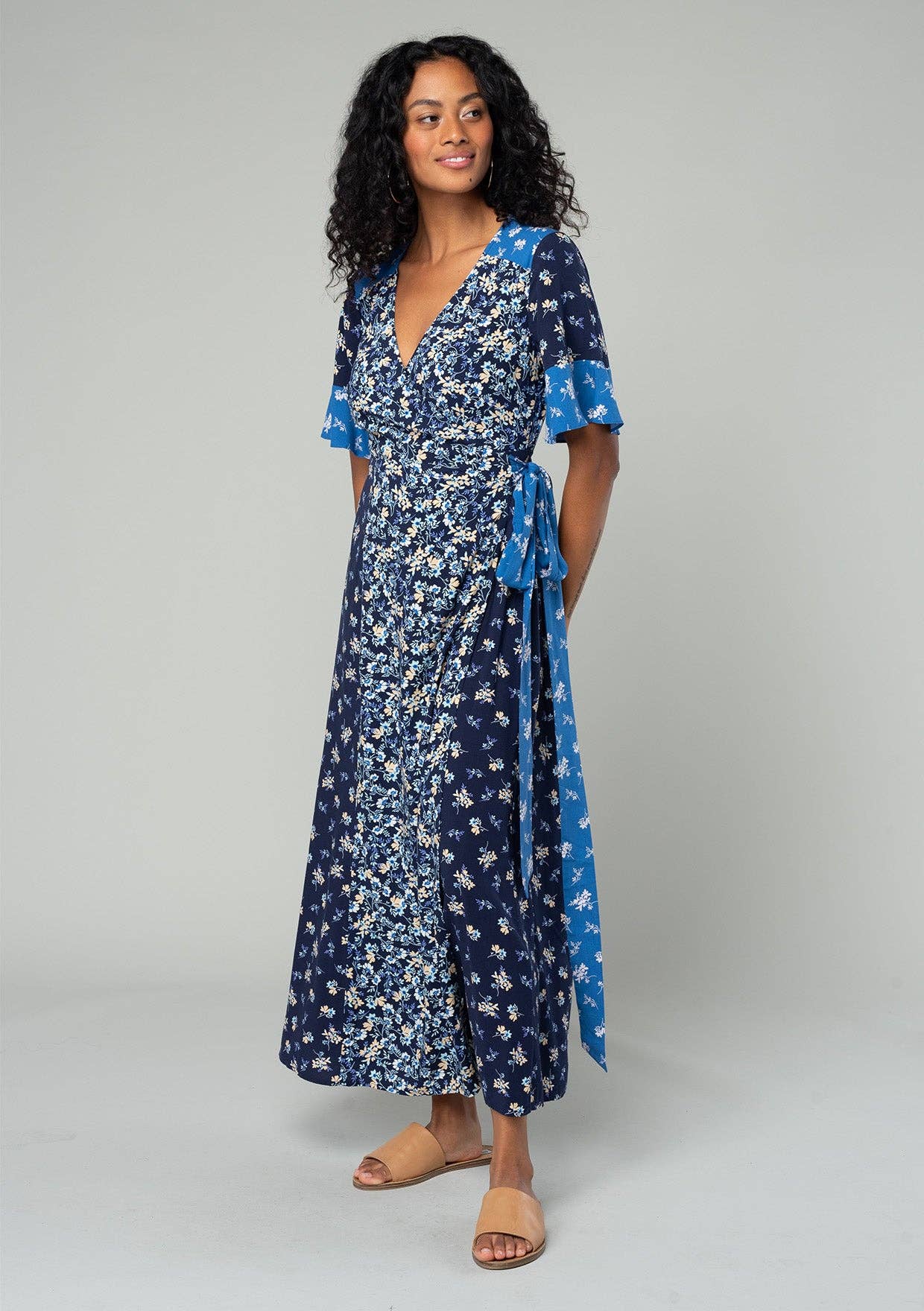 Multi Floral Short Sleeve Wrap Maxi Dress